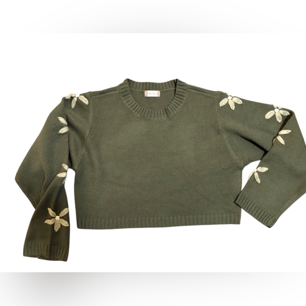 Altar’d State Olive Green Y2K Cropped Long Sleeve Embroidered Flower Sweater SzS - Picture 2 of 12